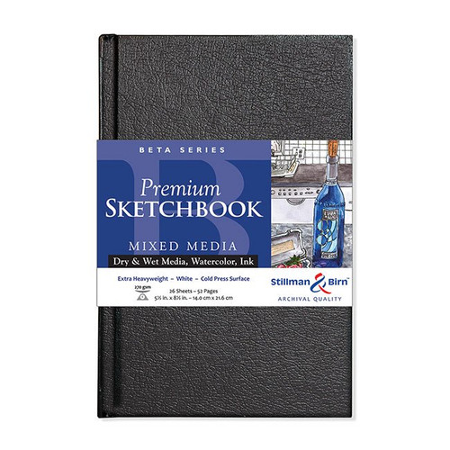 The Beta Series Sketchbook from Stillman & Birn features extra heavyweight, 270 gsm white paper hardbound with a high-density board, resistant to warping. The white, mixed media cold press paper has a substantial tooth and works well with all wet media, dry media, light washes, and inks. Portrait, 5.5" x 8.5". 26 sheets, 52 pages.