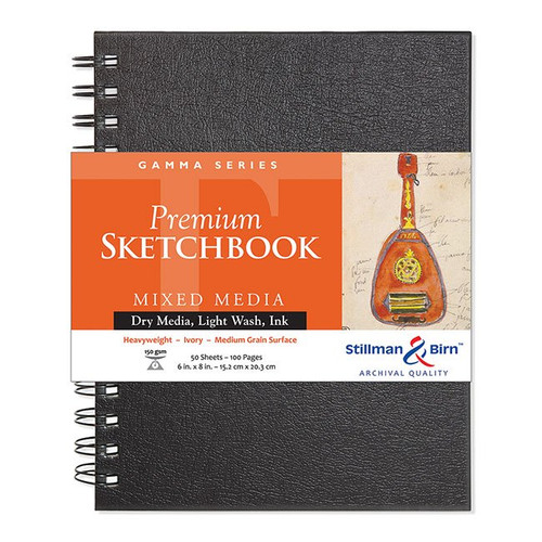 The Gamma Series Sketchbook from Stillman & Birn features heavyweight, 150 gsm ivory paper wirebound with a high-density board, resistant to warping. The ivory, mixed media paper has a medium grain surface and works well with all dry media, light washes, and inks. Portrait, 6" x 8". 50 sheets, 100 pages.