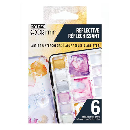 An image of a Golden QoR Watercolor 6-Color Reflective Half Pan Set.