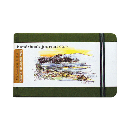 Hard-bound with a book cloth cover, Hand Book Journal Co. Travelogue Series Artist Journals have just the right amount of flexibility. Great for pen, ink, pencil, and markers. Accepts light watercolor washes without buckling. These artist journals are wrapped with a durable elastic band with a clear envelope inside the back cover and sewn-in ribbon bookmark. Contains 128 pages of heavyweight, 100% acid-free, buff drawing paper with a good tooth. Pocket landscape journals are 5.5" x 3.5".