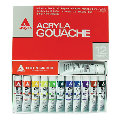 An image of a Holbein Acrylic Gouache 12-Color Master Set.
