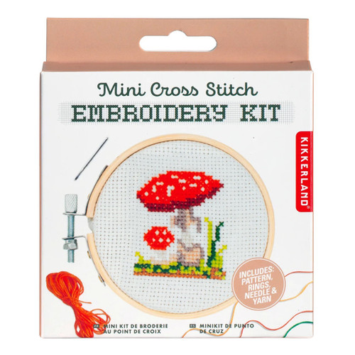 An image of a Kikkerland Mushroom Mini Cross Stitch Embroidery Kit.