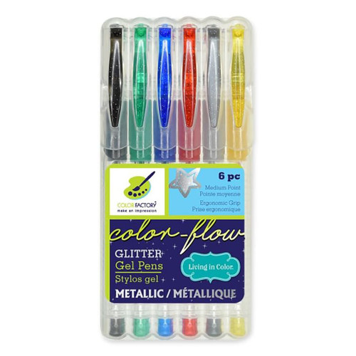 An image of a Multicraft Living In Color Color-Flow 6-Color Metallic Glitter Gel Pen Set.