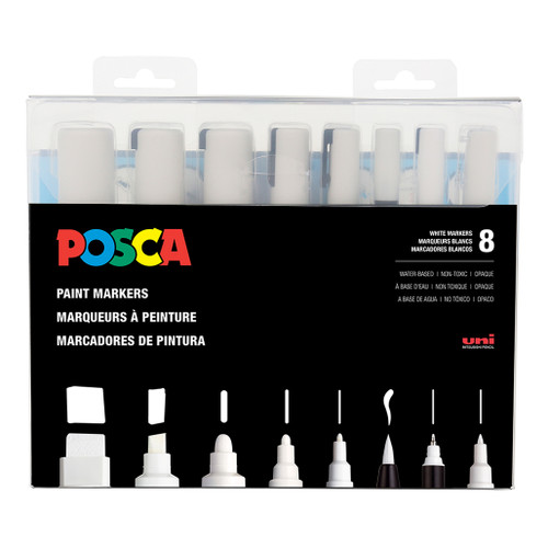 An image of a Posca Assorted Size Paint Marker Set, White, Set Of 8. 