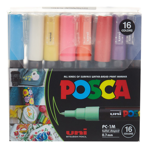 An image of a Posca PC-1M Extra-Fine Tip Paint Marker Set, 16 Colors.