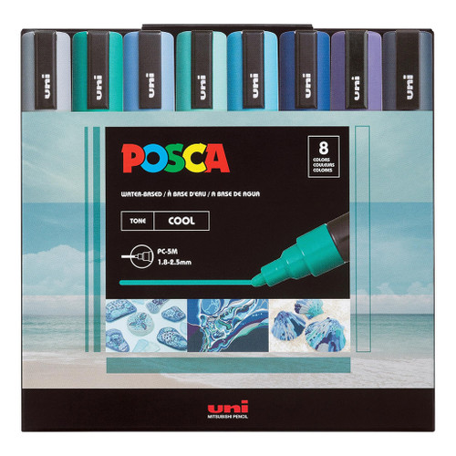 An image of a Posca PC-5M Medium Tip Paint Marker Set, Cool Tones, 8 Colors. 