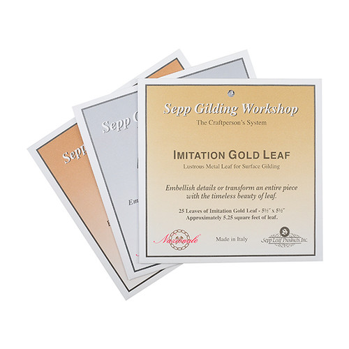 Imitation gold leaf is a composite of copper and brass and will tarnish if not properly sealed. Imitation silver leaf, also known as "aluminum leaf", will oxidize if not properly sealed. Copper leaf is genuine copper. Each pack contains 25 sheets, approximately 5 -1/2" square, and will cover approximately 5 1/4 square feet.